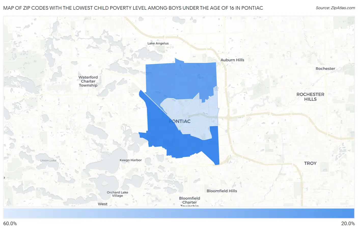 Zip Codes with the Lowest Child Poverty Level Among Boys Under the Age of 16 in Pontiac Map