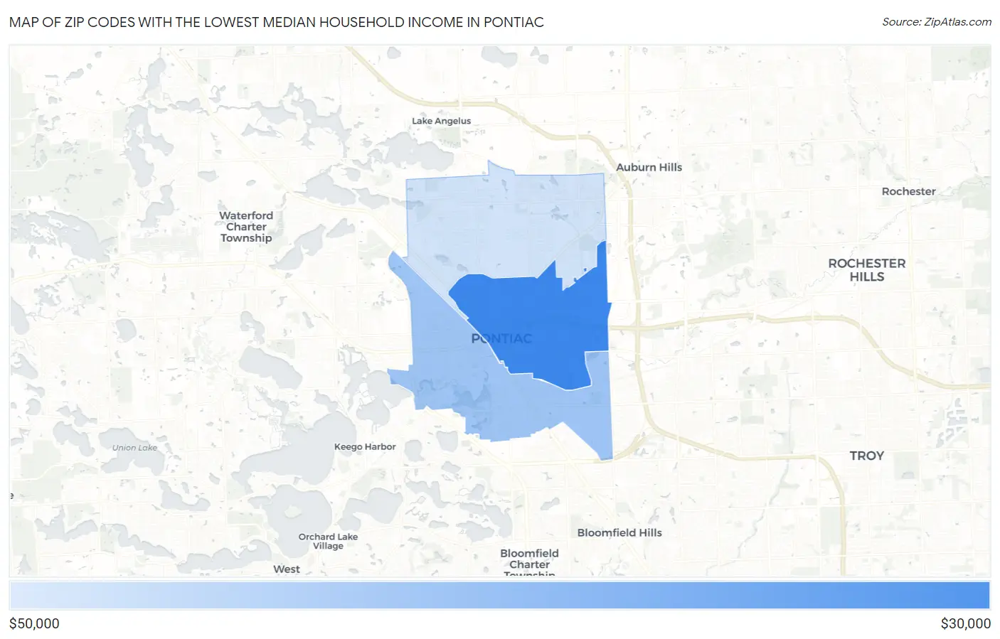 Zip Codes with the Lowest Median Household Income in Pontiac Map