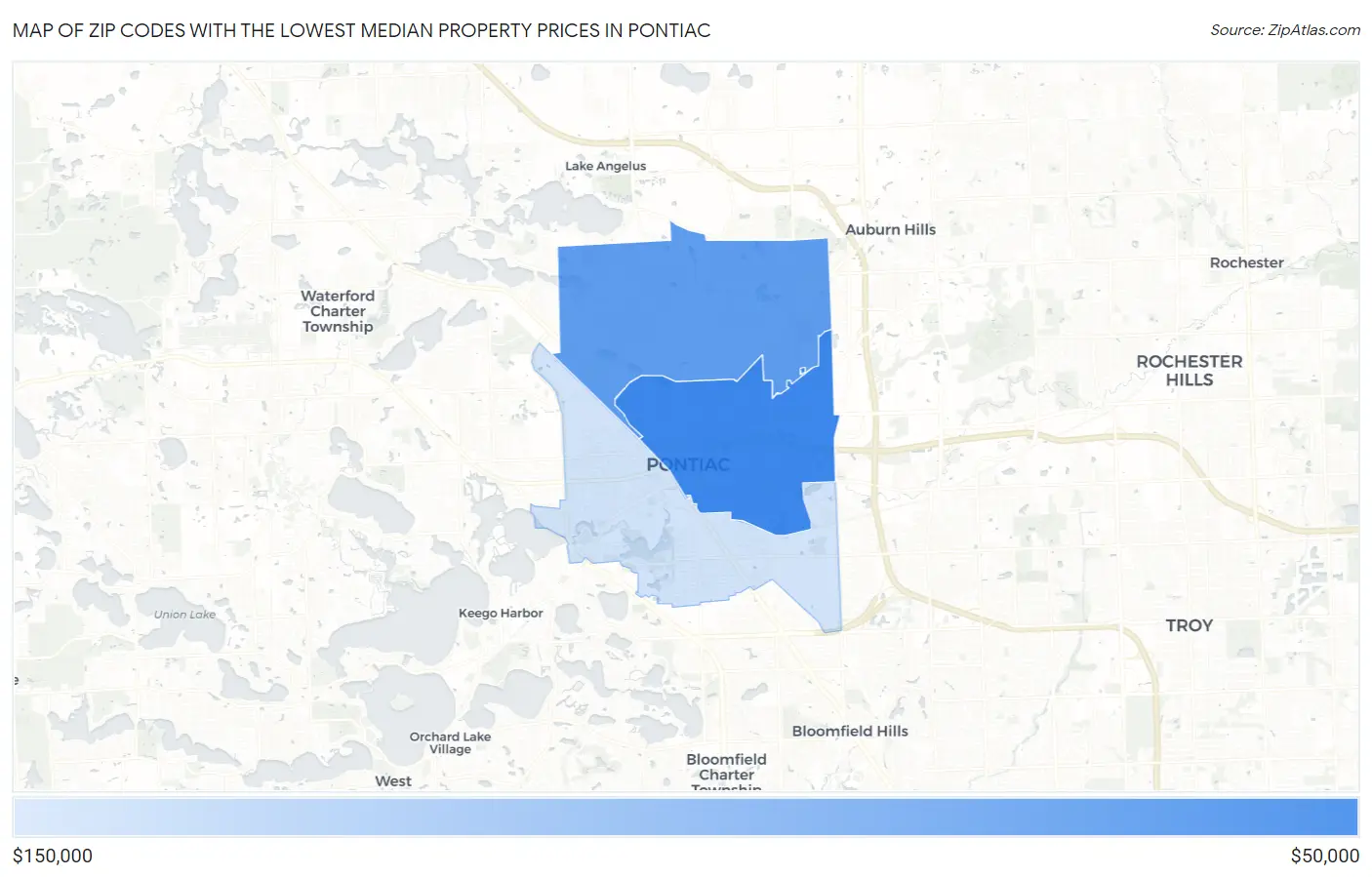 Zip Codes with the Lowest Median Property Prices in Pontiac Map