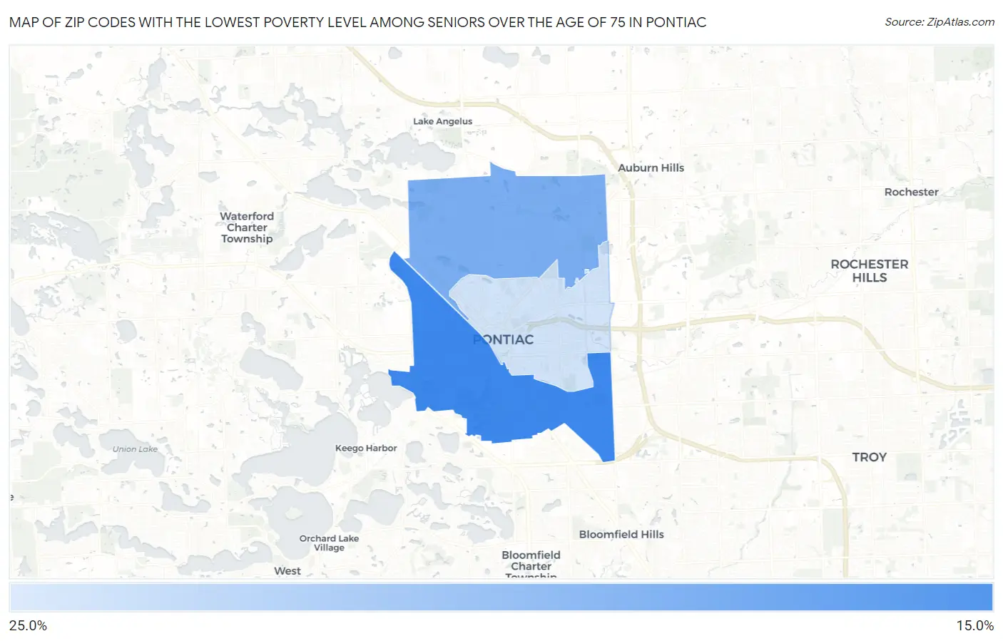 Zip Codes with the Lowest Poverty Level Among Seniors Over the Age of 75 in Pontiac Map