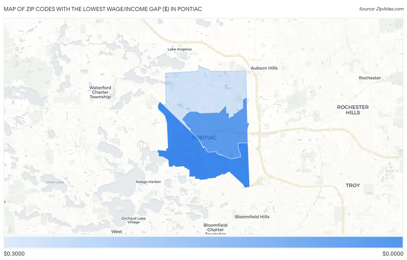 Zip Codes with the Lowest Wage/Income Gap ($) in Pontiac Map