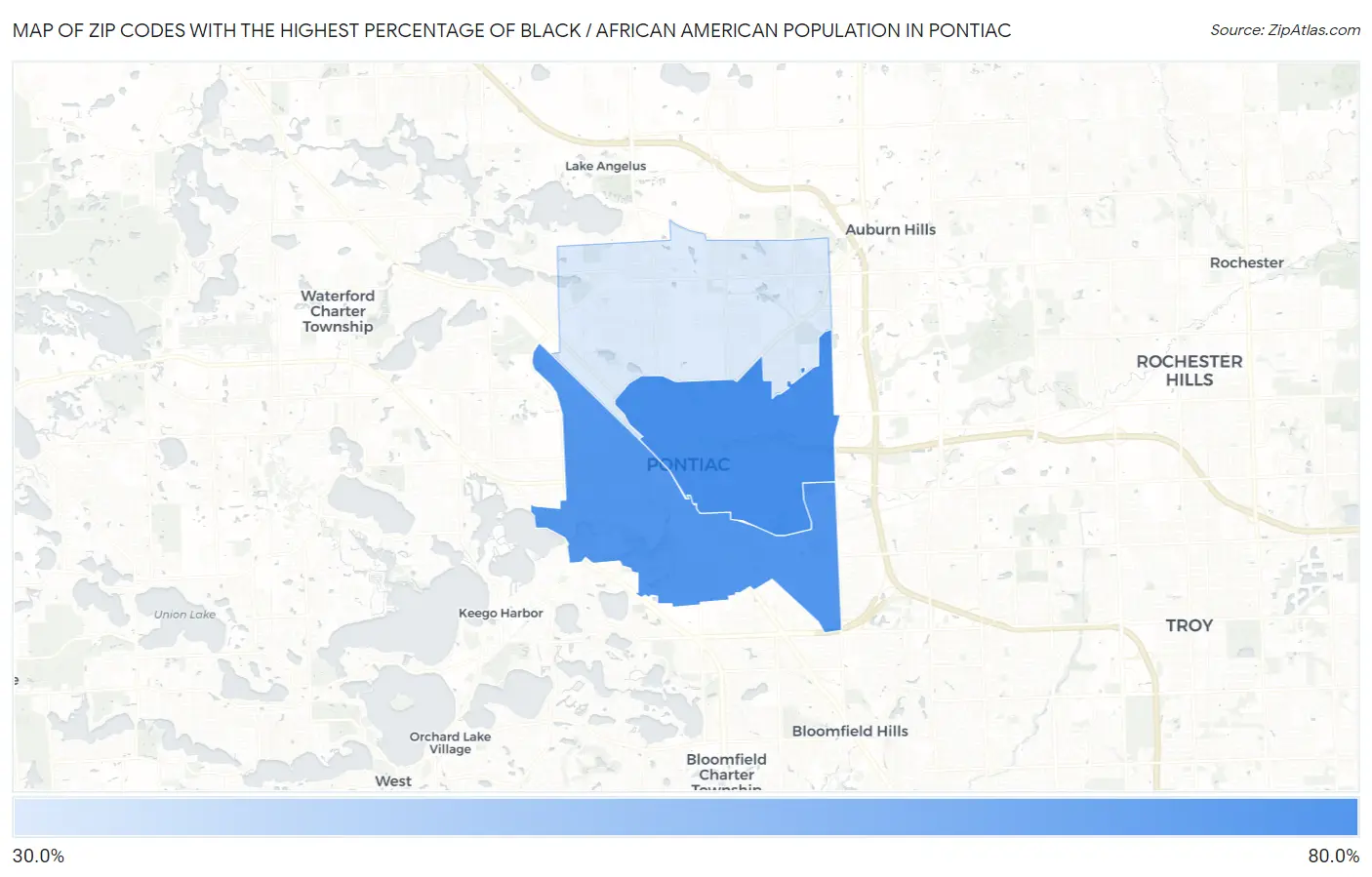 Zip Codes with the Highest Percentage of Black / African American Population in Pontiac Map