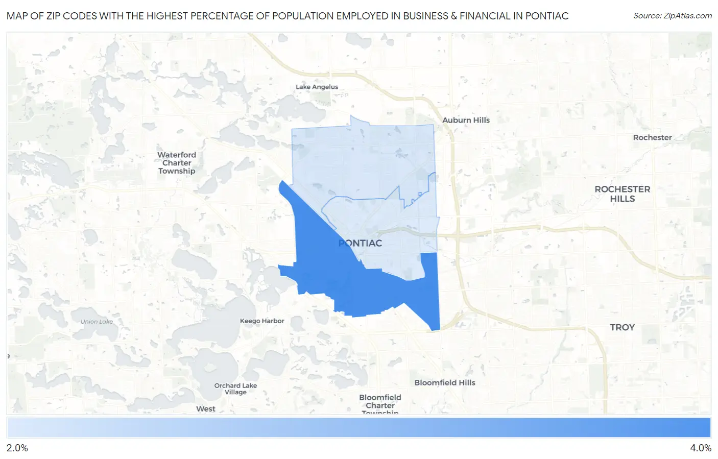Zip Codes with the Highest Percentage of Population Employed in Business & Financial in Pontiac Map