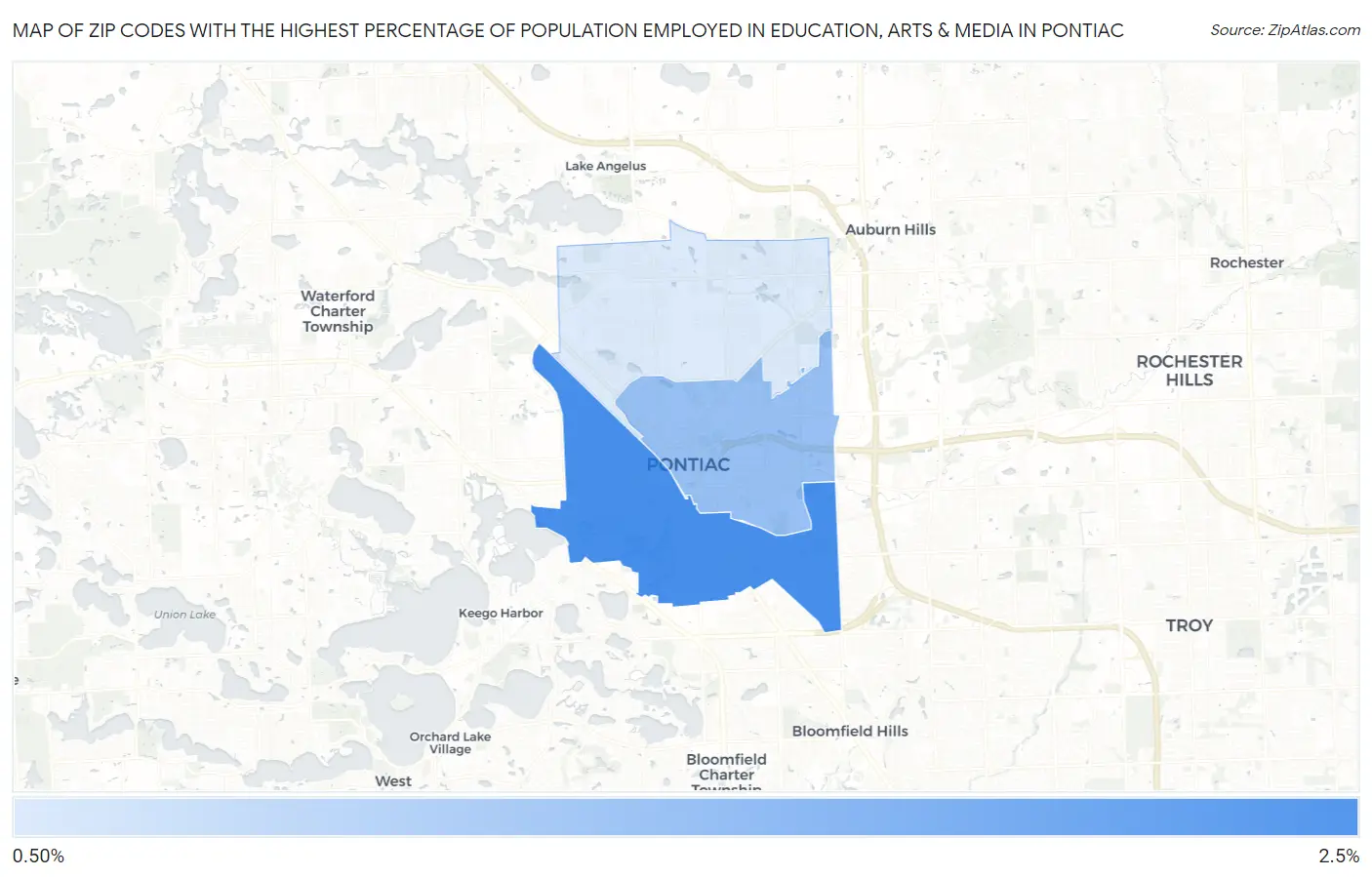 Zip Codes with the Highest Percentage of Population Employed in Education, Arts & Media in Pontiac Map