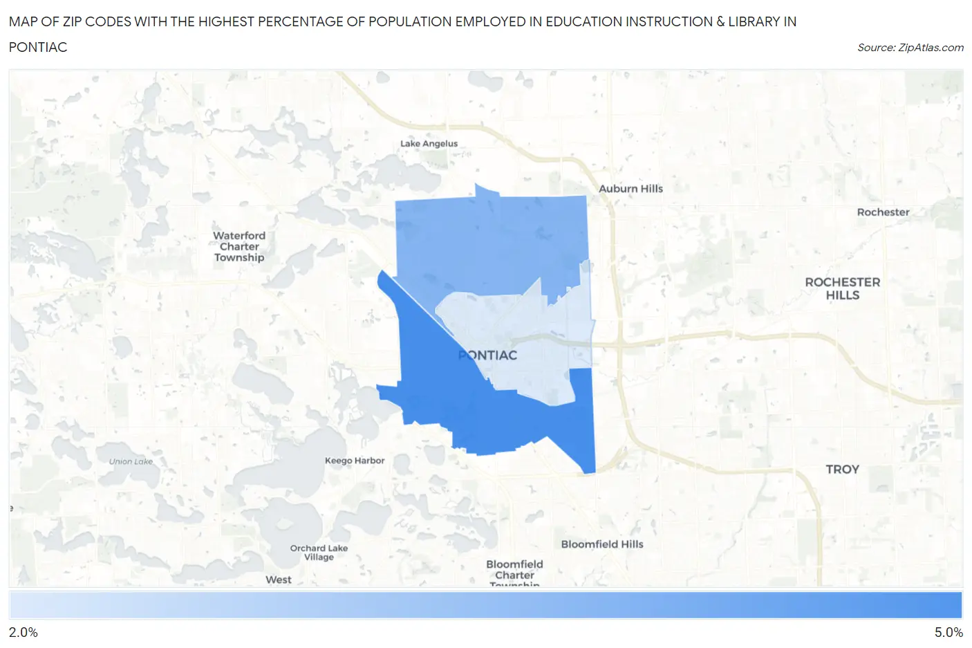 Zip Codes with the Highest Percentage of Population Employed in Education Instruction & Library in Pontiac Map