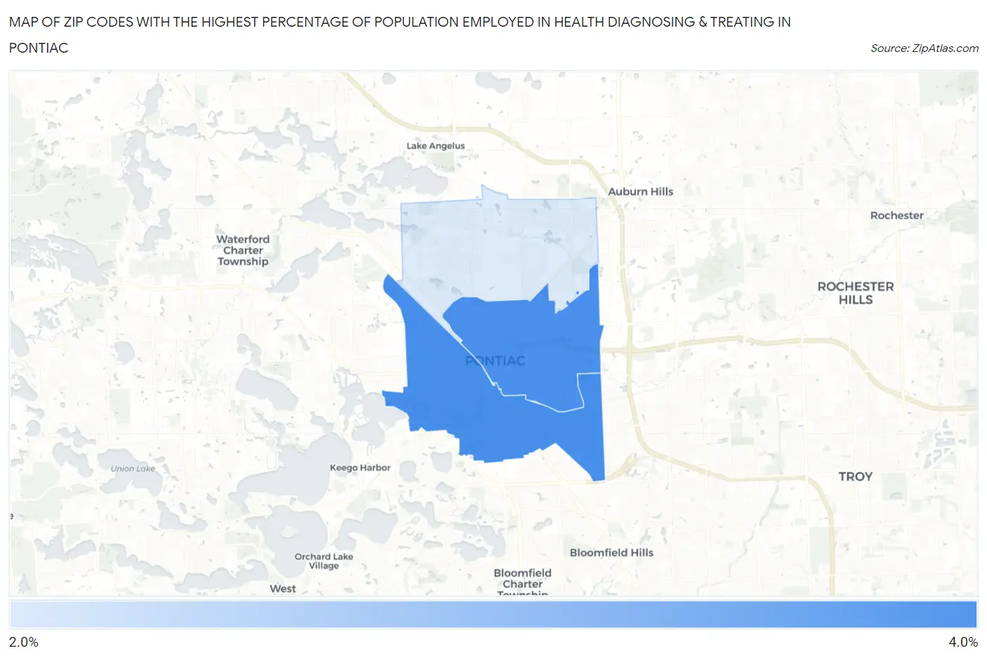 Zip Codes with the Highest Percentage of Population Employed in Health Diagnosing & Treating in Pontiac Map