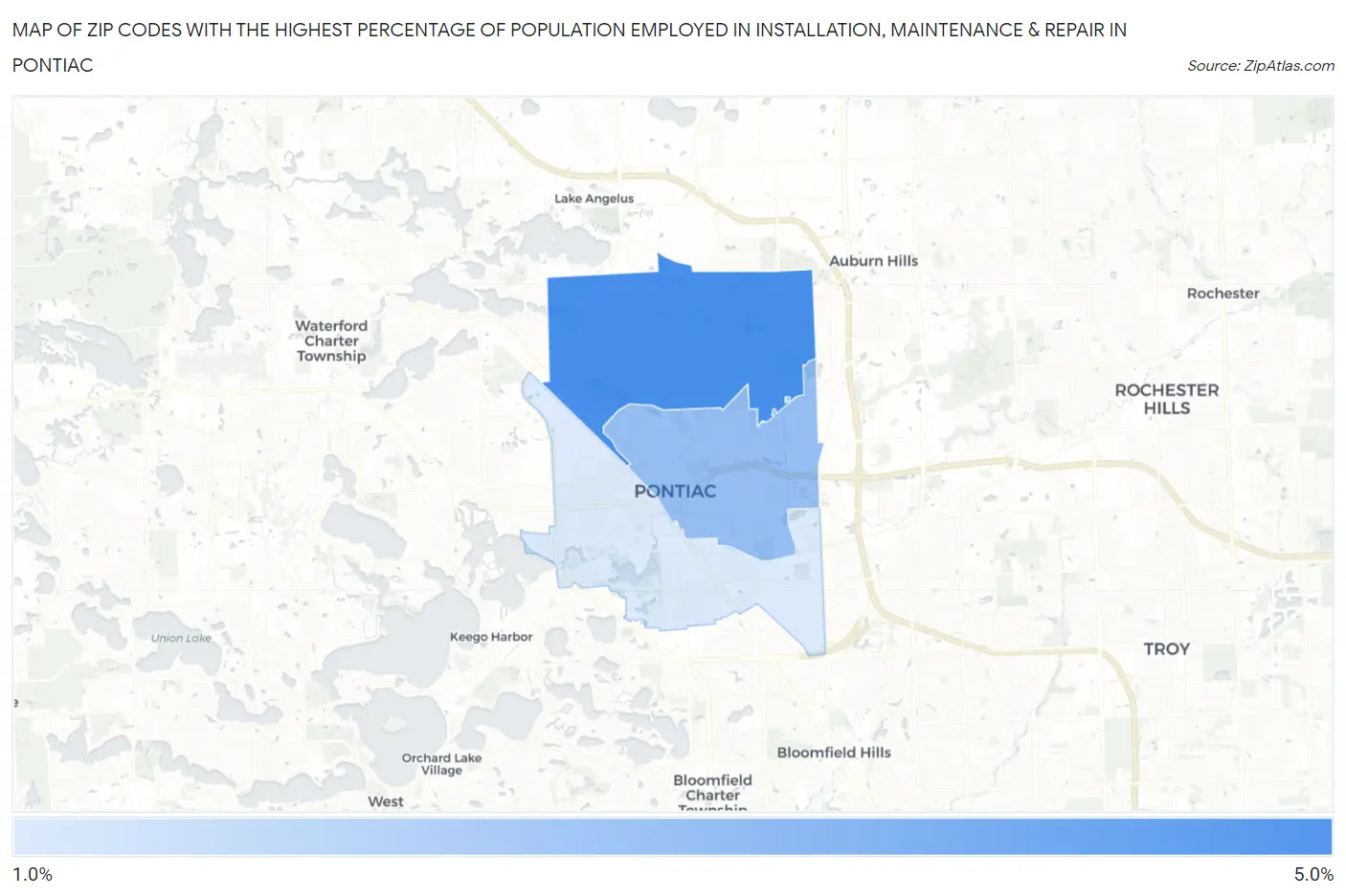 Zip Codes with the Highest Percentage of Population Employed in Installation, Maintenance & Repair in Pontiac Map