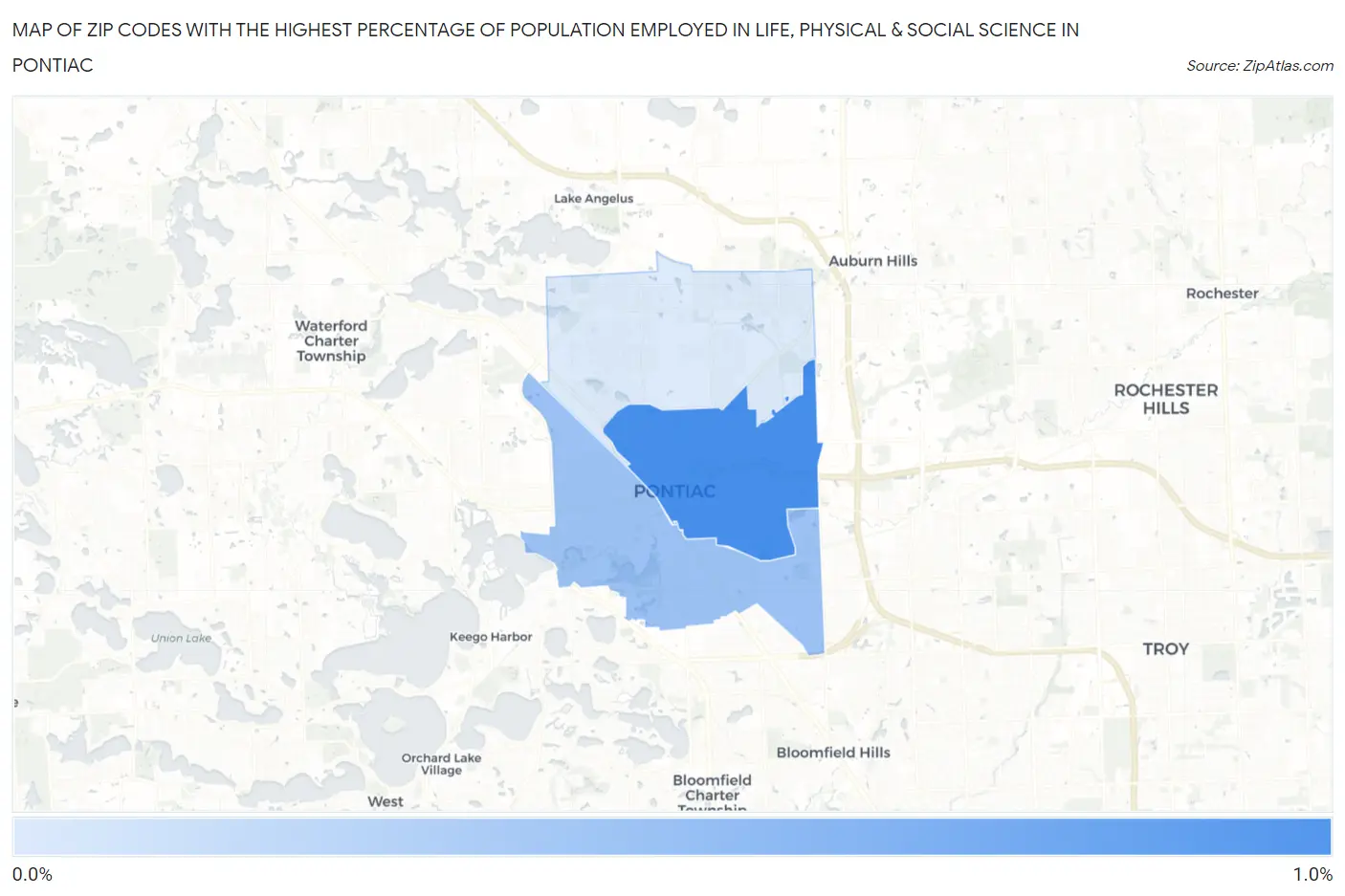 Zip Codes with the Highest Percentage of Population Employed in Life, Physical & Social Science in Pontiac Map