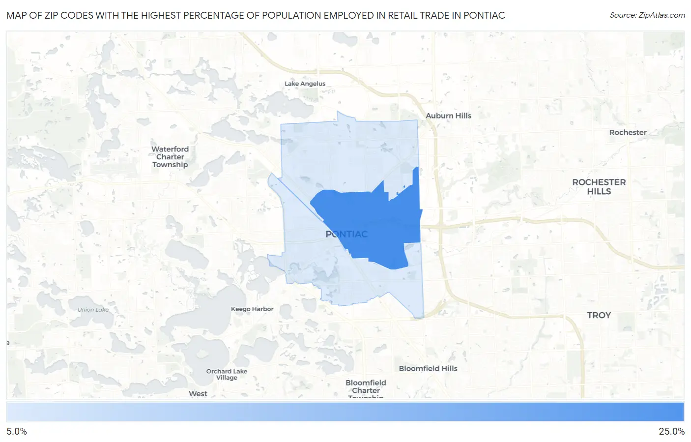 Zip Codes with the Highest Percentage of Population Employed in Retail Trade in Pontiac Map