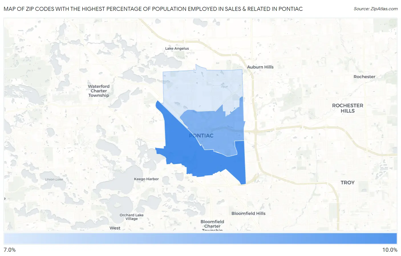 Zip Codes with the Highest Percentage of Population Employed in Sales & Related in Pontiac Map