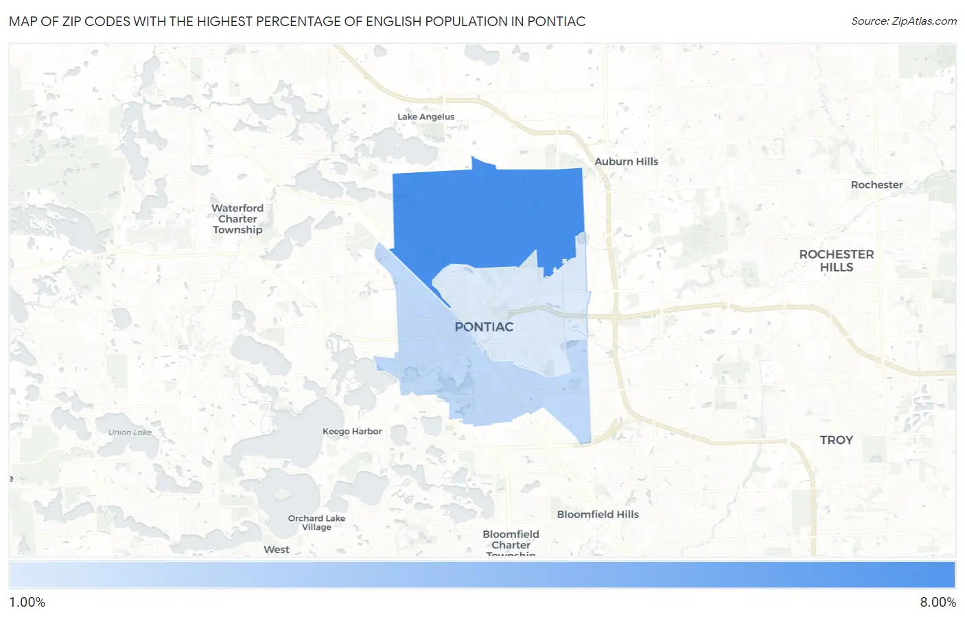 Zip Codes with the Highest Percentage of English Population in Pontiac Map