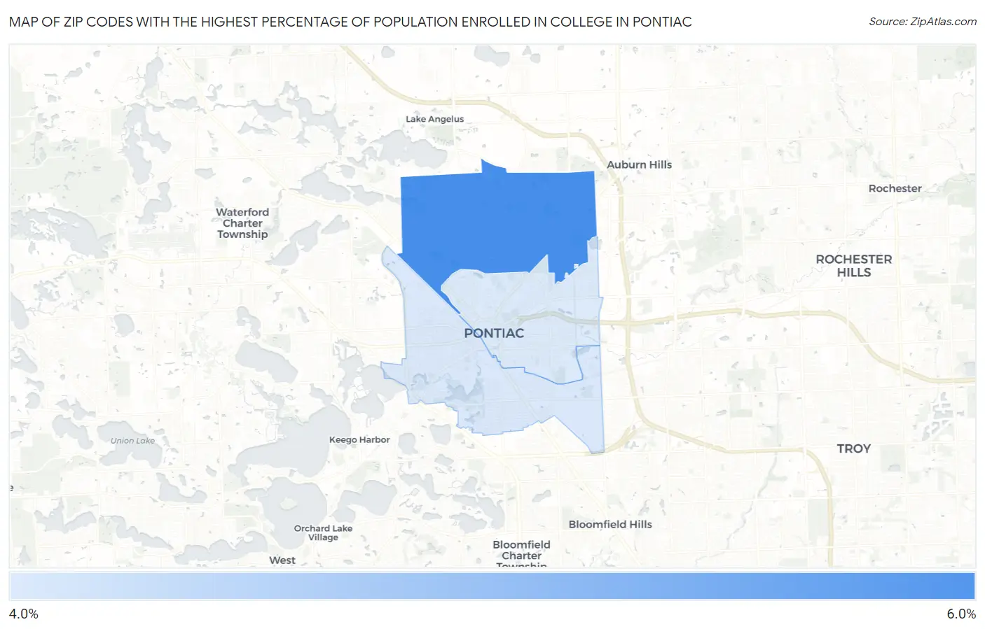 Zip Codes with the Highest Percentage of Population Enrolled in College in Pontiac Map