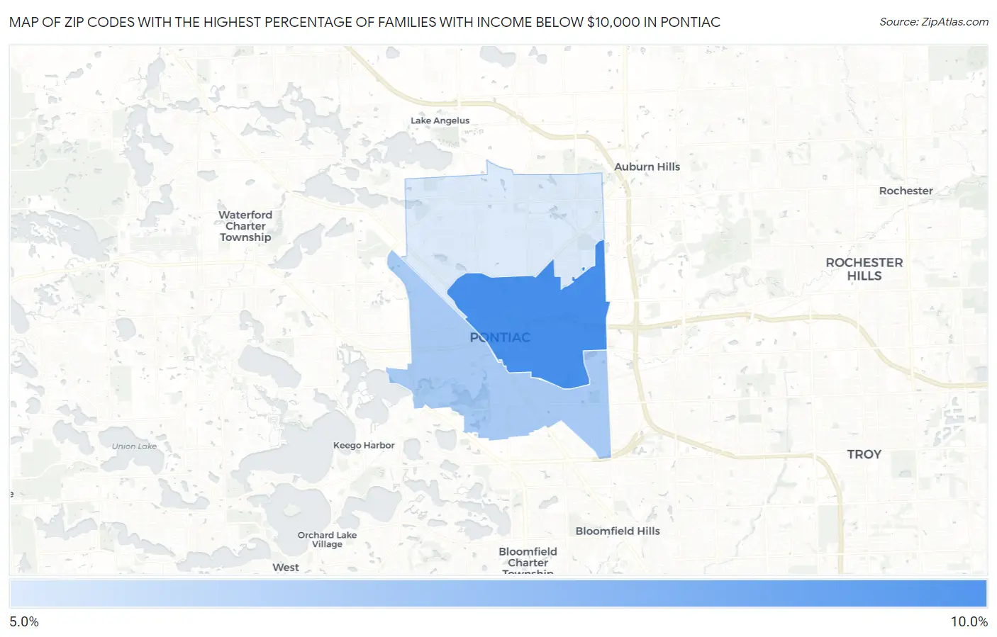 Zip Codes with the Highest Percentage of Families with Income Below $10,000 in Pontiac Map