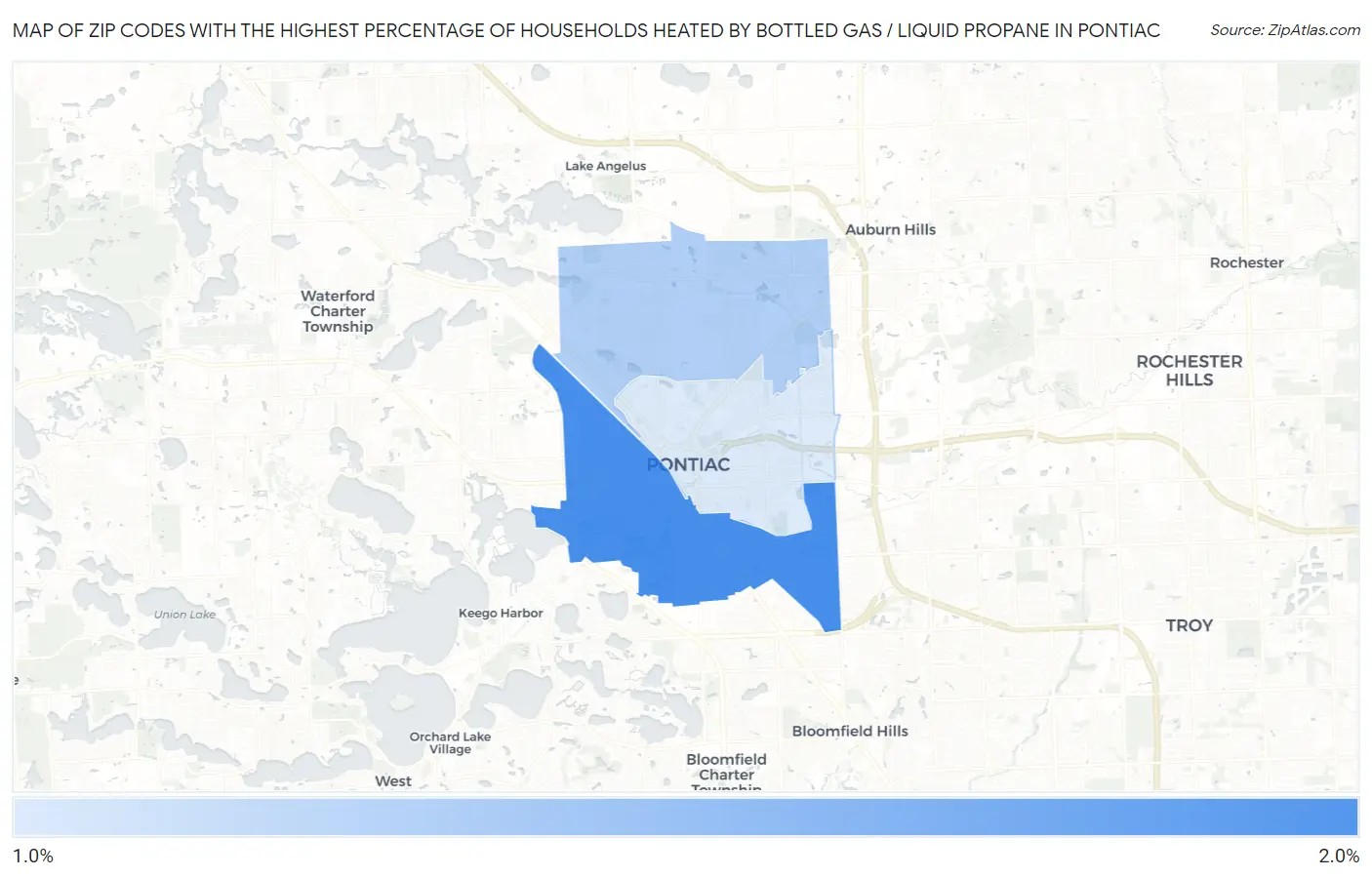 Zip Codes with the Highest Percentage of Households Heated by Bottled Gas / Liquid Propane in Pontiac Map