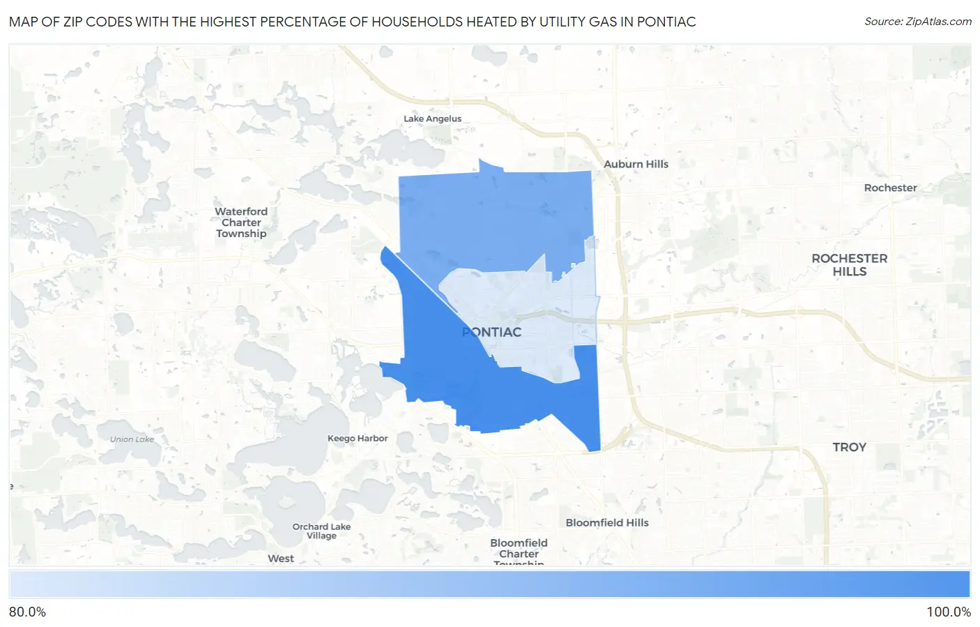 Zip Codes with the Highest Percentage of Households Heated by Utility Gas in Pontiac Map