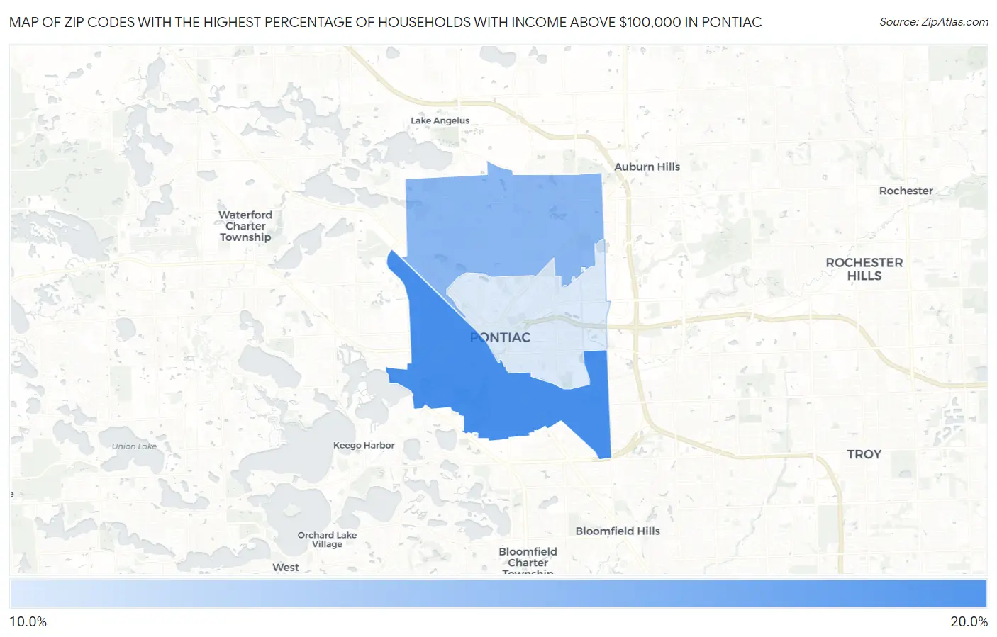 Zip Codes with the Highest Percentage of Households with Income Above $100,000 in Pontiac Map