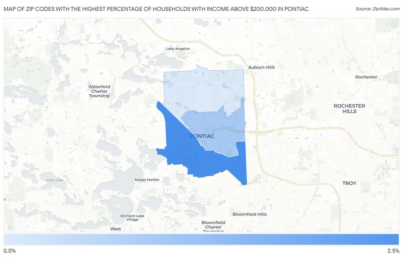 Zip Codes with the Highest Percentage of Households with Income Above $200,000 in Pontiac Map