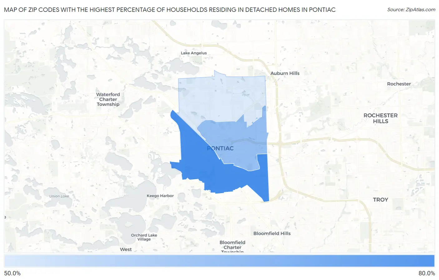 Zip Codes with the Highest Percentage of Households Residing in Detached Homes in Pontiac Map