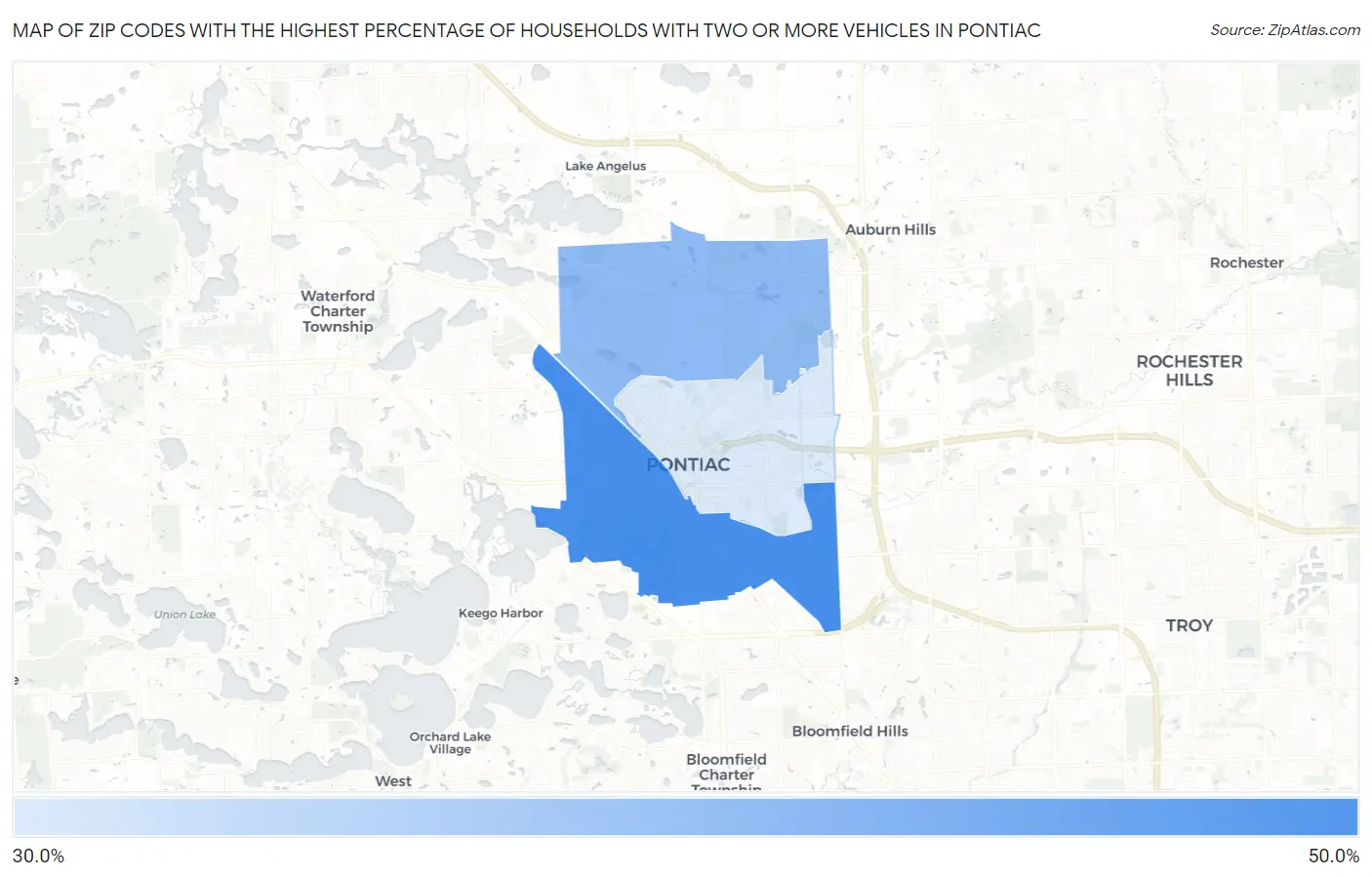 Zip Codes with the Highest Percentage of Households With Two or more Vehicles in Pontiac Map