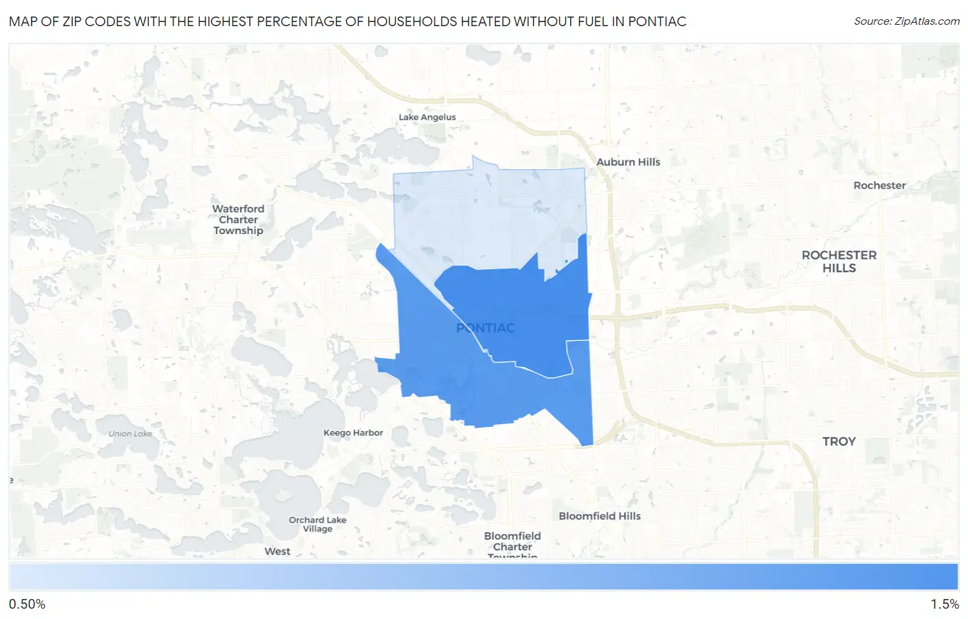 Zip Codes with the Highest Percentage of Households Heated without Fuel in Pontiac Map