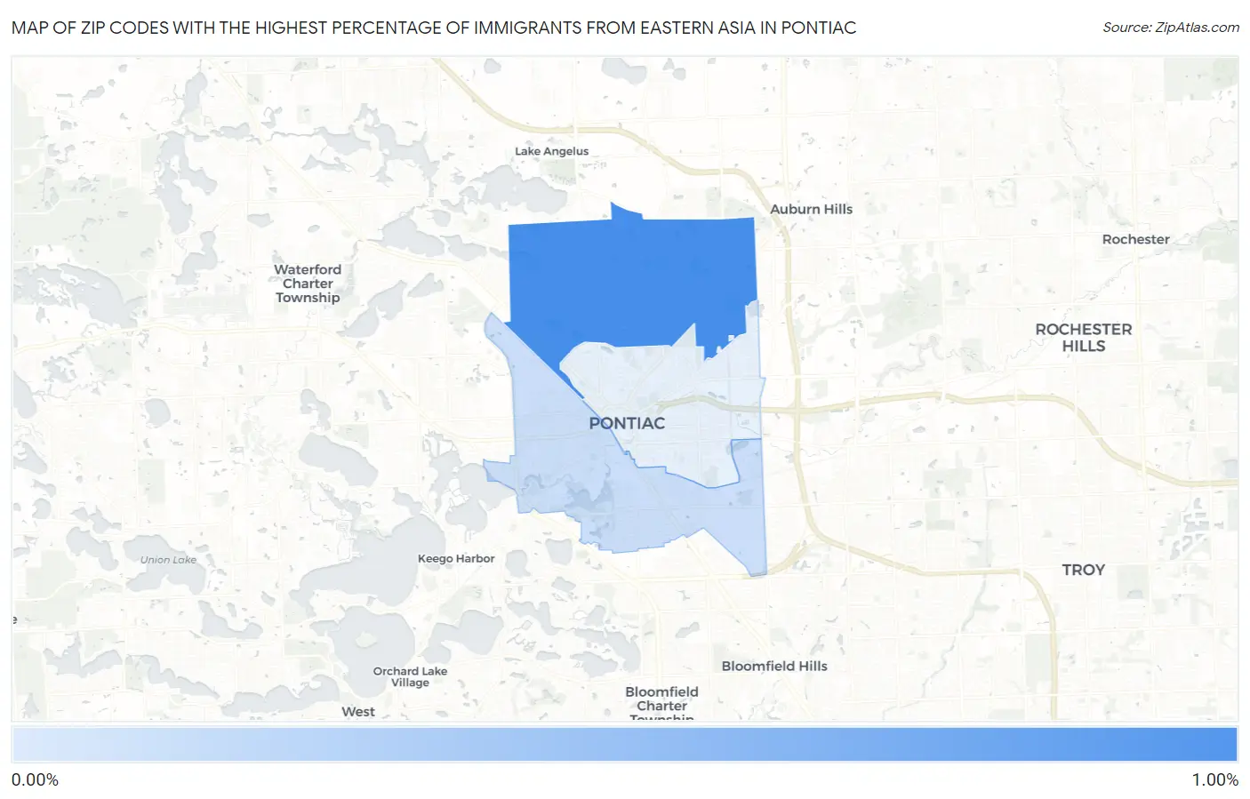 Zip Codes with the Highest Percentage of Immigrants from Eastern Asia in Pontiac Map