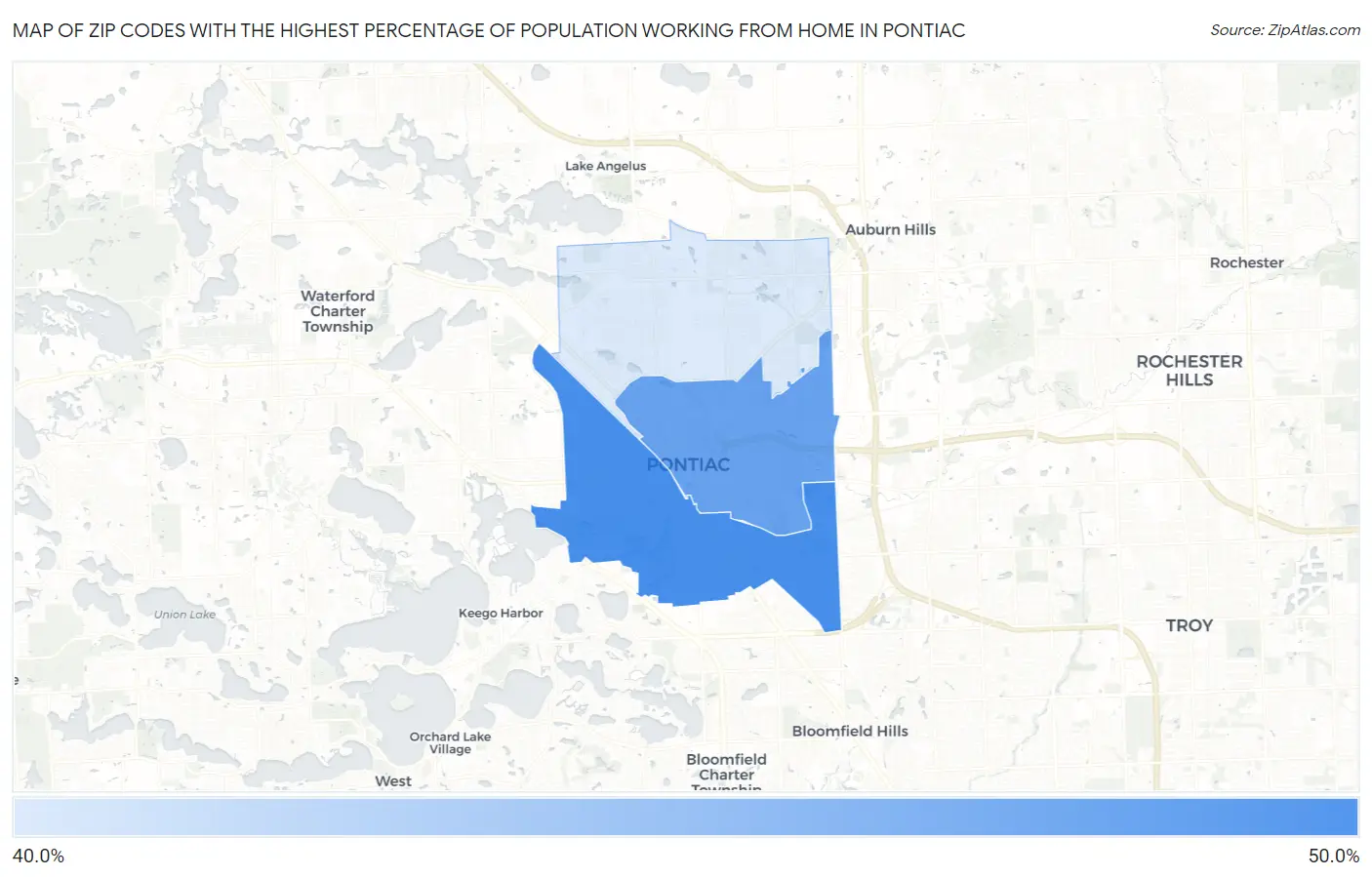 Zip Codes with the Highest Percentage of Population Working from Home in Pontiac Map