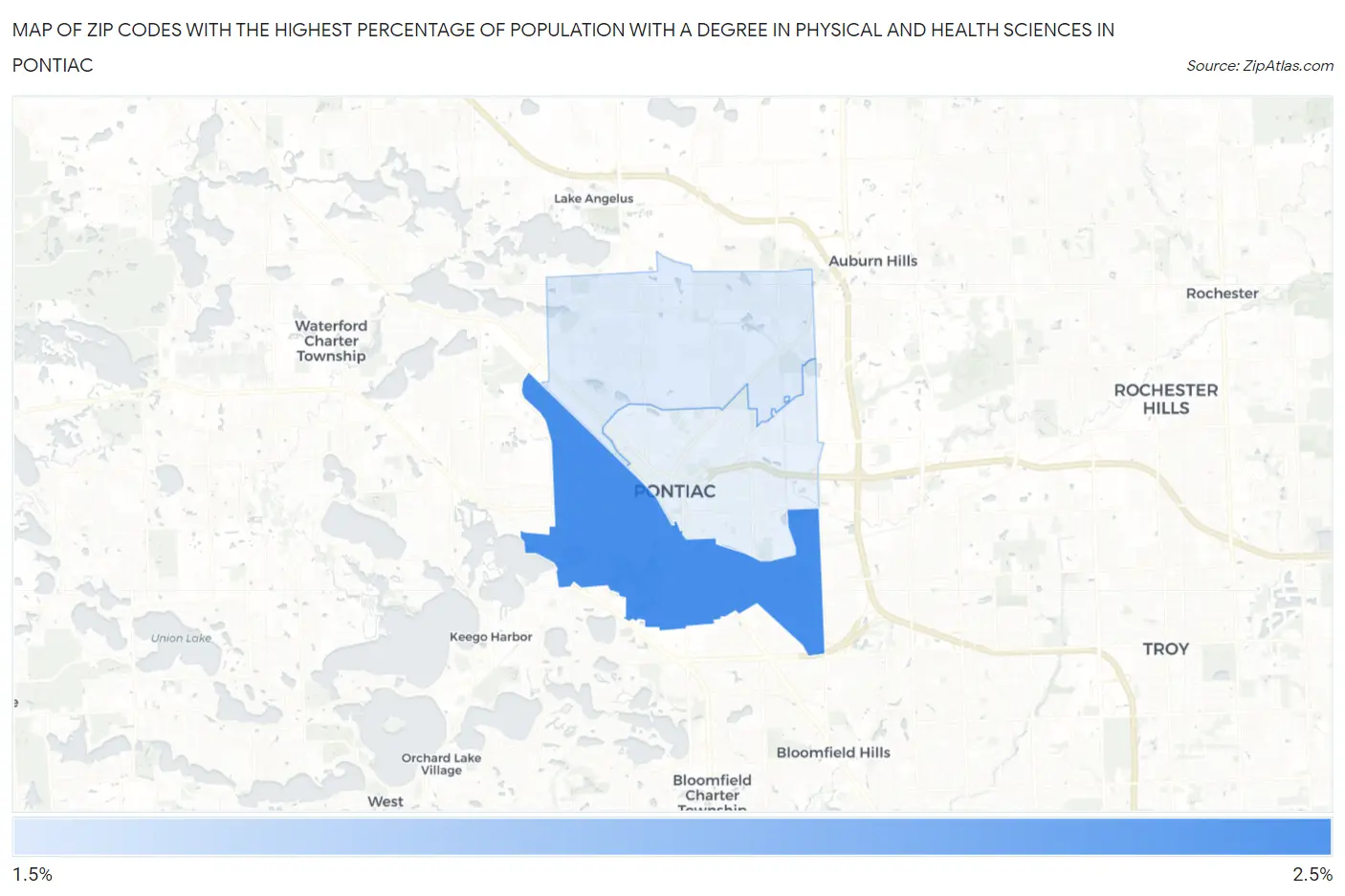Zip Codes with the Highest Percentage of Population with a Degree in Physical and Health Sciences in Pontiac Map
