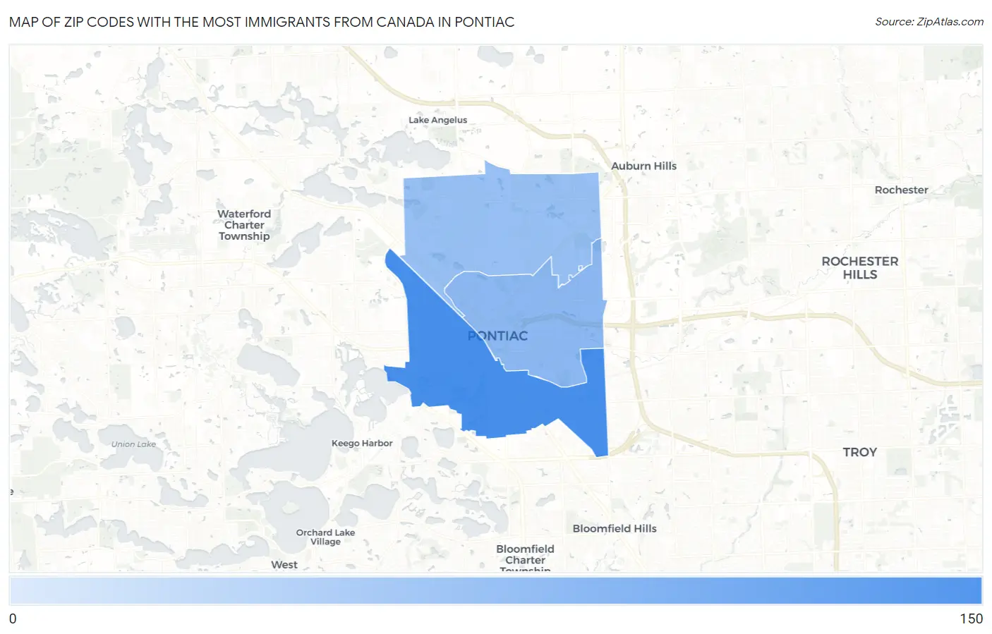 Zip Codes with the Most Immigrants from Canada in Pontiac Map