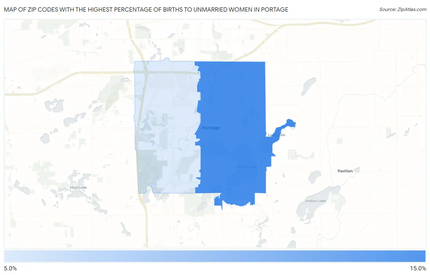 Zip Codes with the Highest Percentage of Births to Unmarried Women in Portage Map