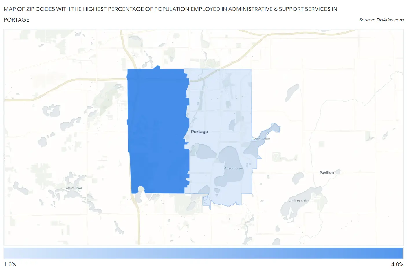 Zip Codes with the Highest Percentage of Population Employed in Administrative & Support Services in Portage Map