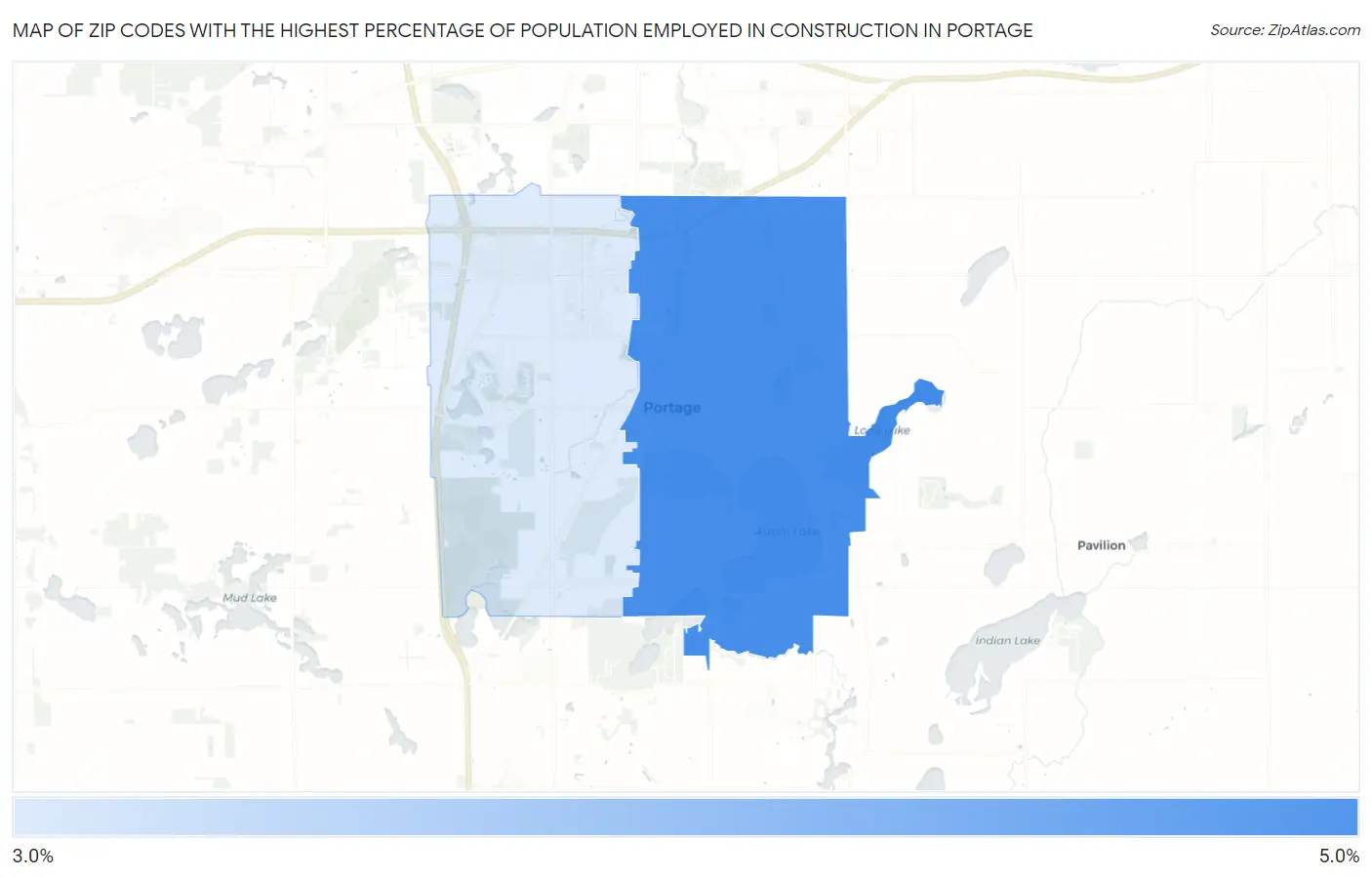 Zip Codes with the Highest Percentage of Population Employed in Construction in Portage Map