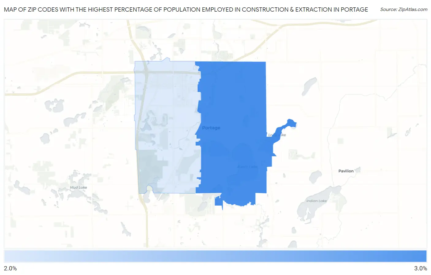 Zip Codes with the Highest Percentage of Population Employed in Construction & Extraction in Portage Map