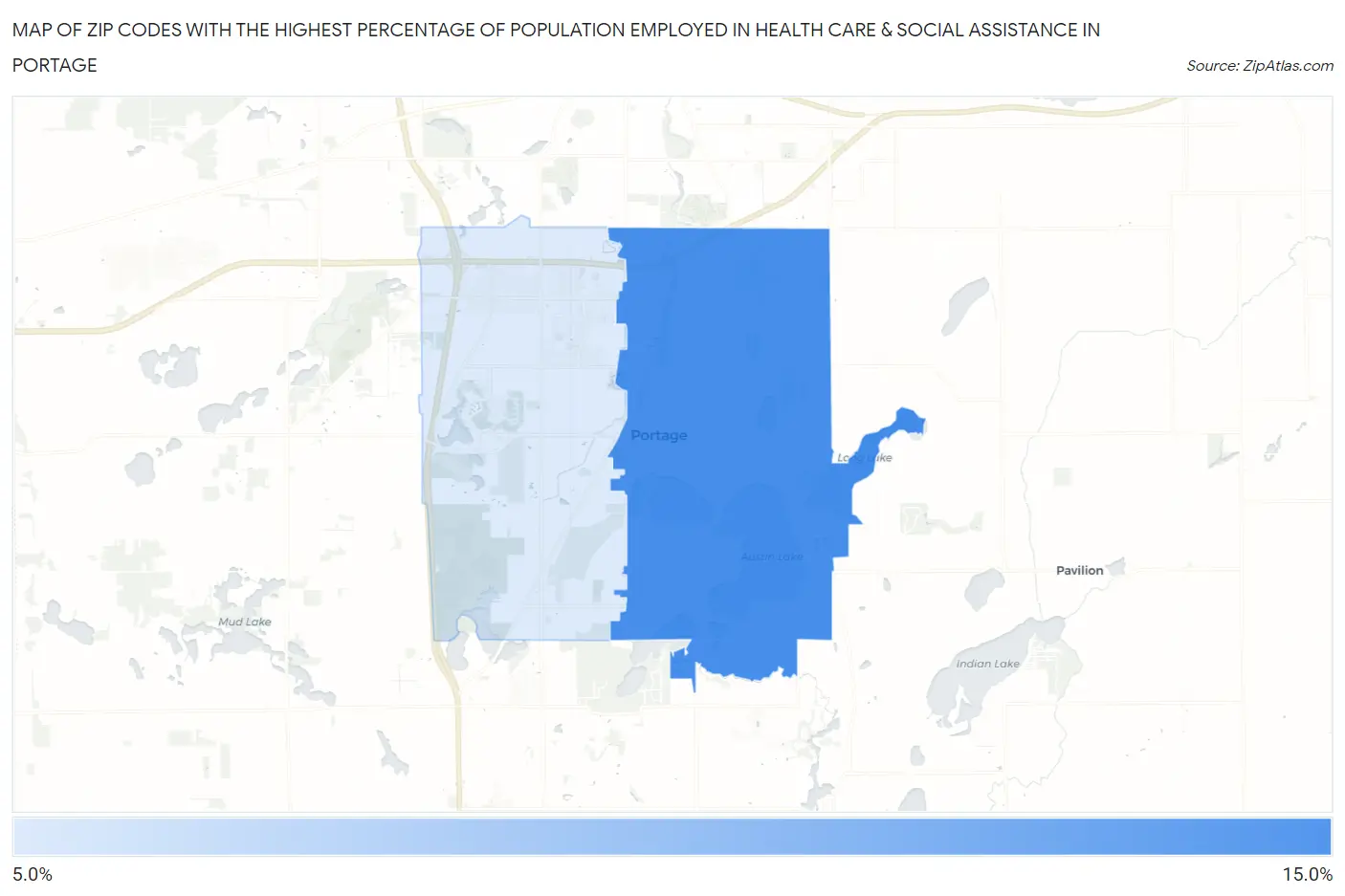 Zip Codes with the Highest Percentage of Population Employed in Health Care & Social Assistance in Portage Map