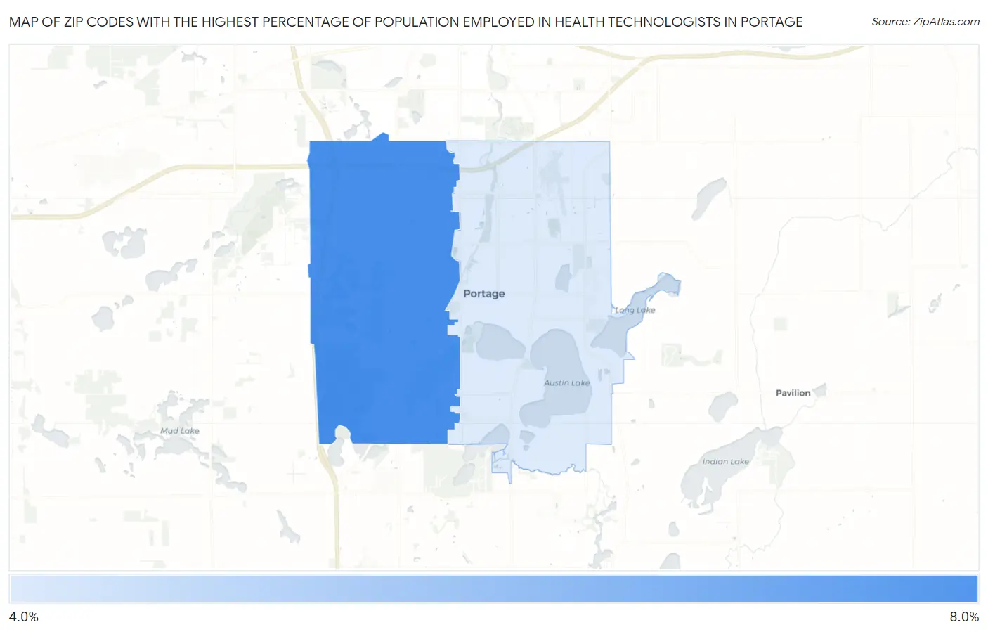 Zip Codes with the Highest Percentage of Population Employed in Health Technologists in Portage Map