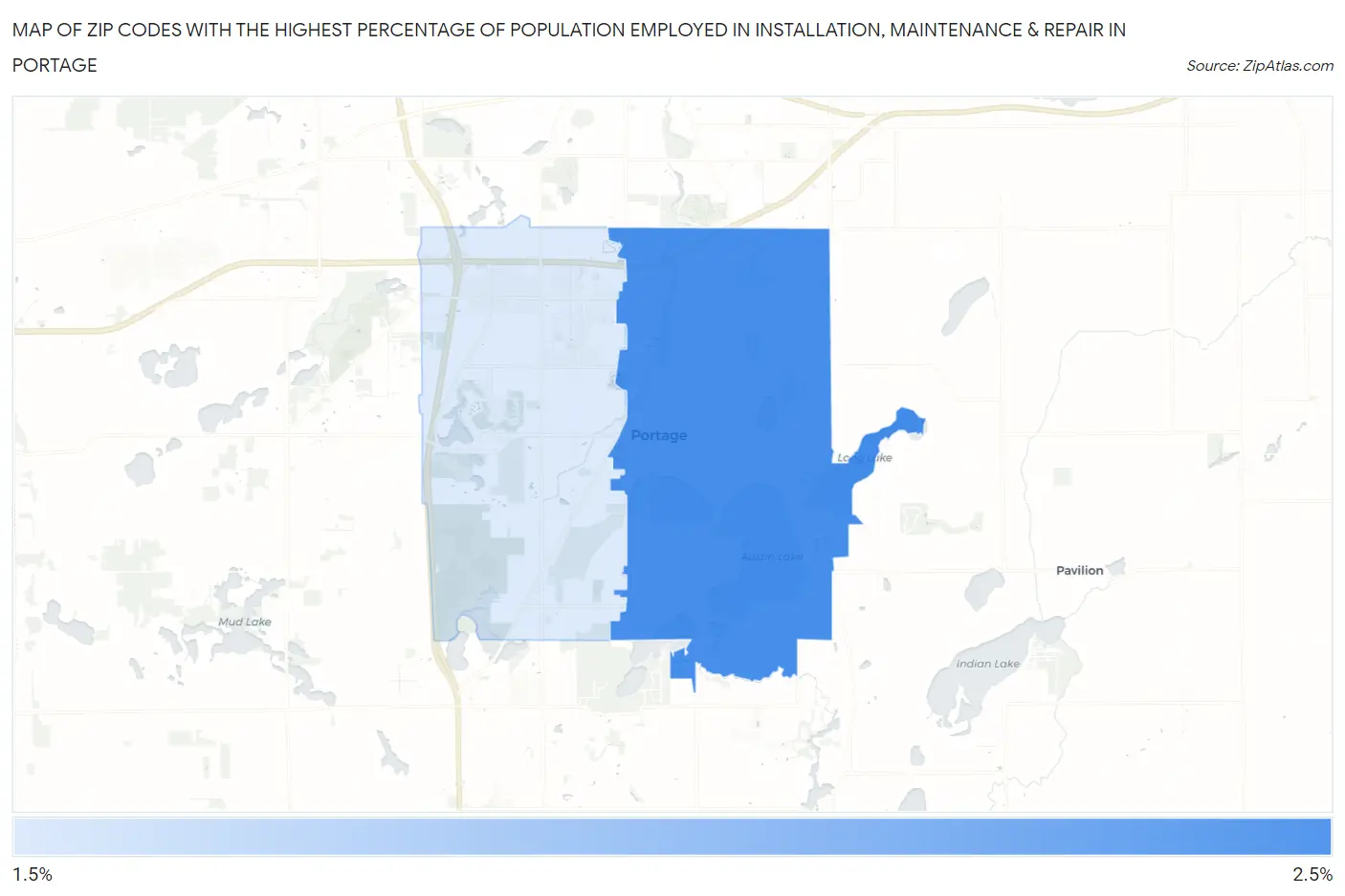 Zip Codes with the Highest Percentage of Population Employed in Installation, Maintenance & Repair in Portage Map