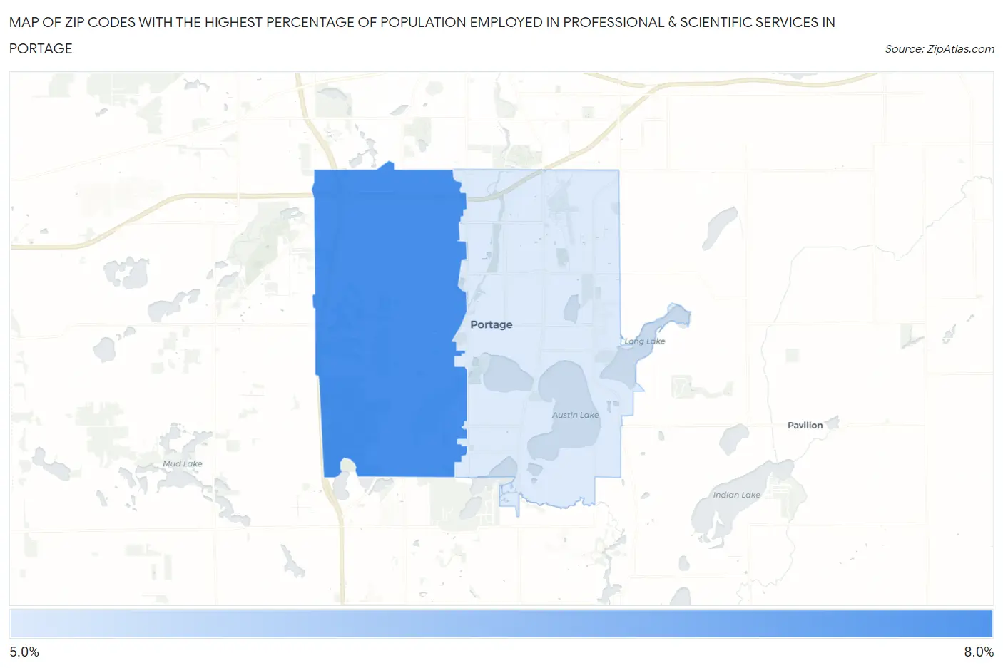 Zip Codes with the Highest Percentage of Population Employed in Professional & Scientific Services in Portage Map
