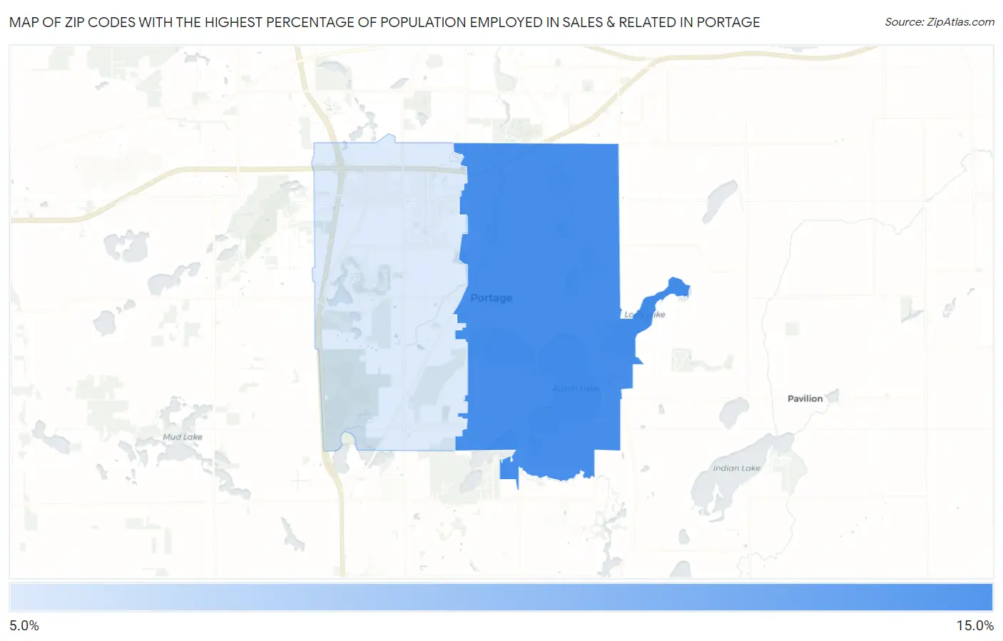 Zip Codes with the Highest Percentage of Population Employed in Sales & Related in Portage Map