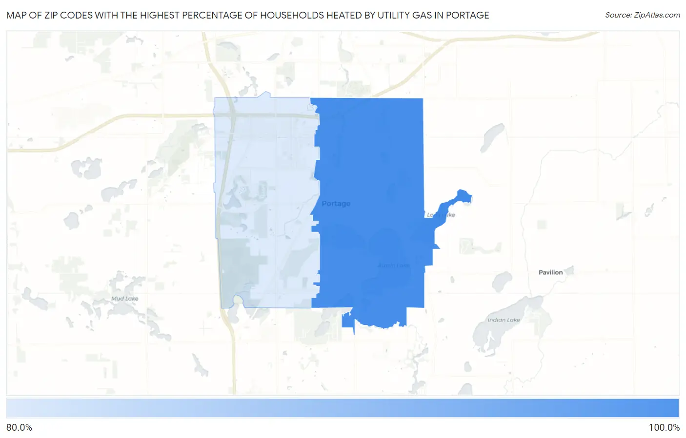 Zip Codes with the Highest Percentage of Households Heated by Utility Gas in Portage Map