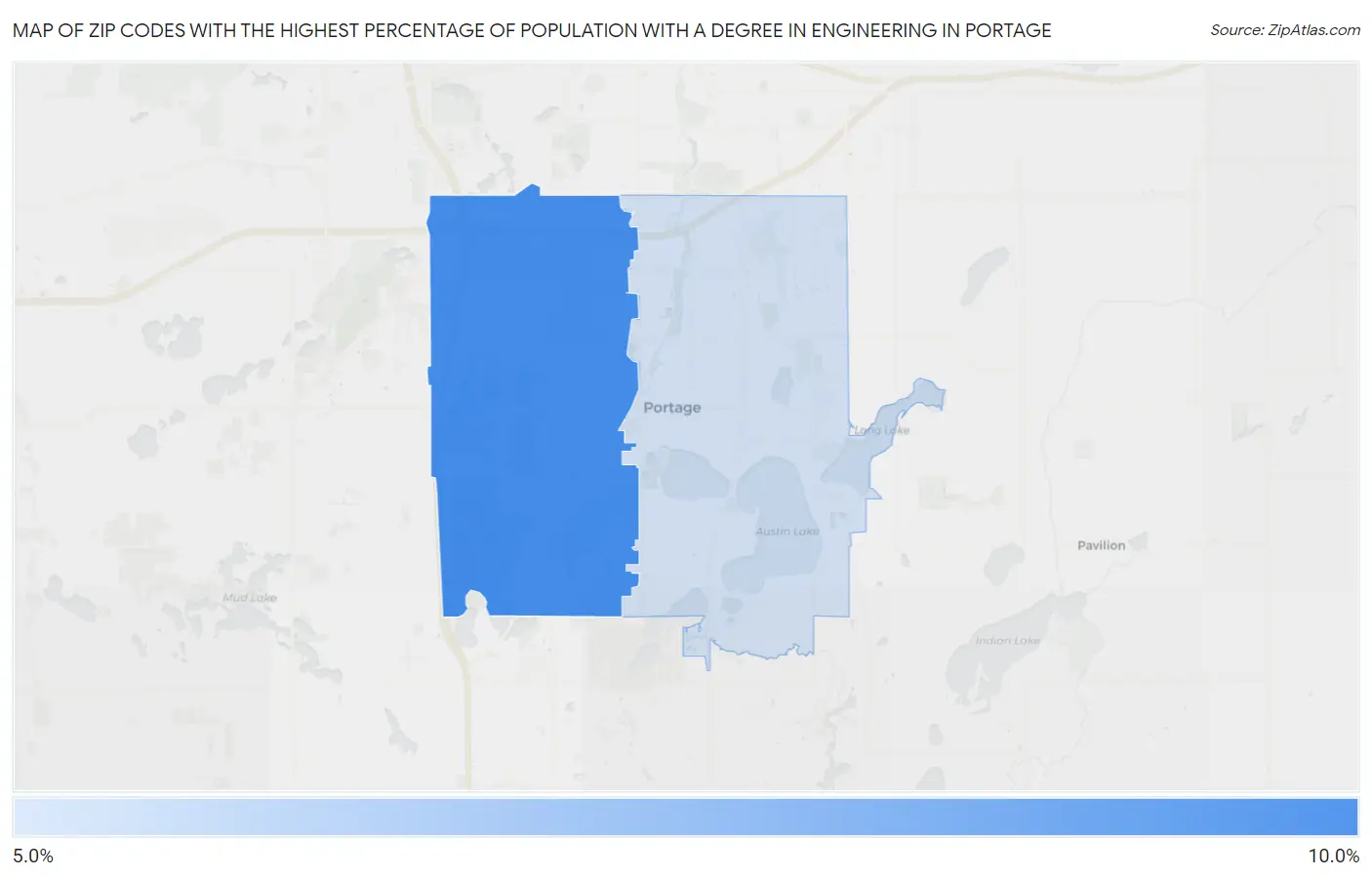 Zip Codes with the Highest Percentage of Population with a Degree in Engineering in Portage Map
