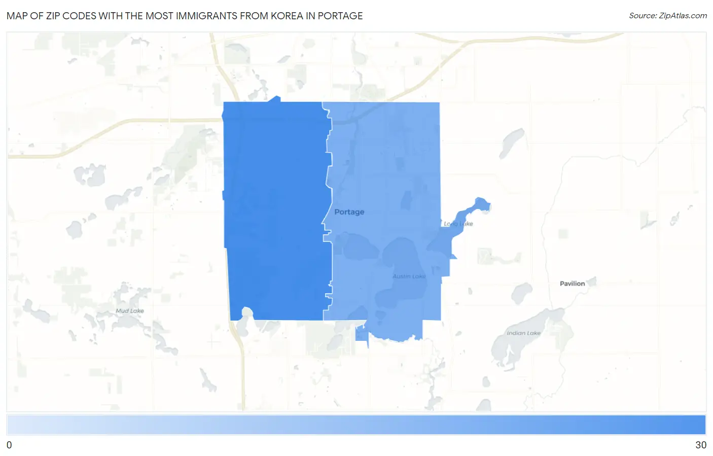 Zip Codes with the Most Immigrants from Korea in Portage Map