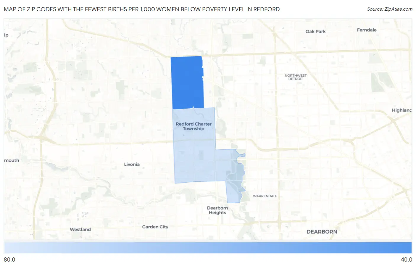 Zip Codes with the Fewest Births per 1,000 Women Below Poverty Level in Redford Map