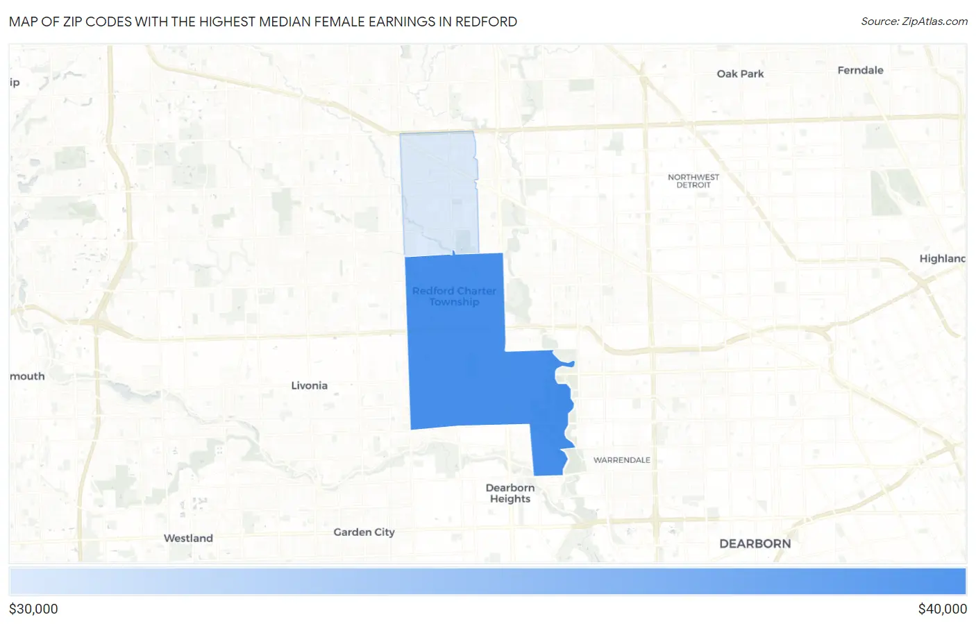 Zip Codes with the Highest Median Female Earnings in Redford Map