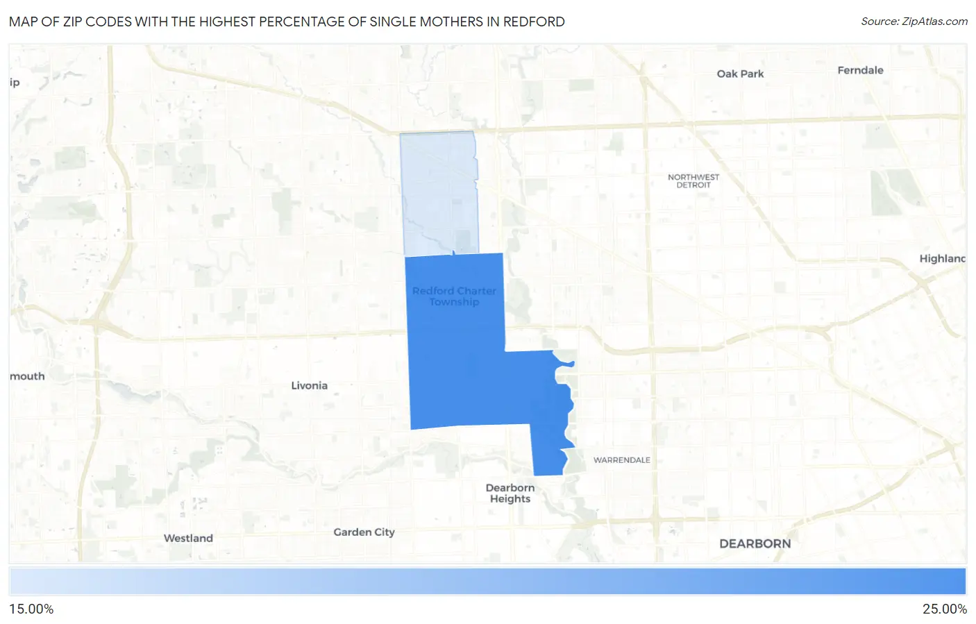 Zip Codes with the Highest Percentage of Single Mothers in Redford Map
