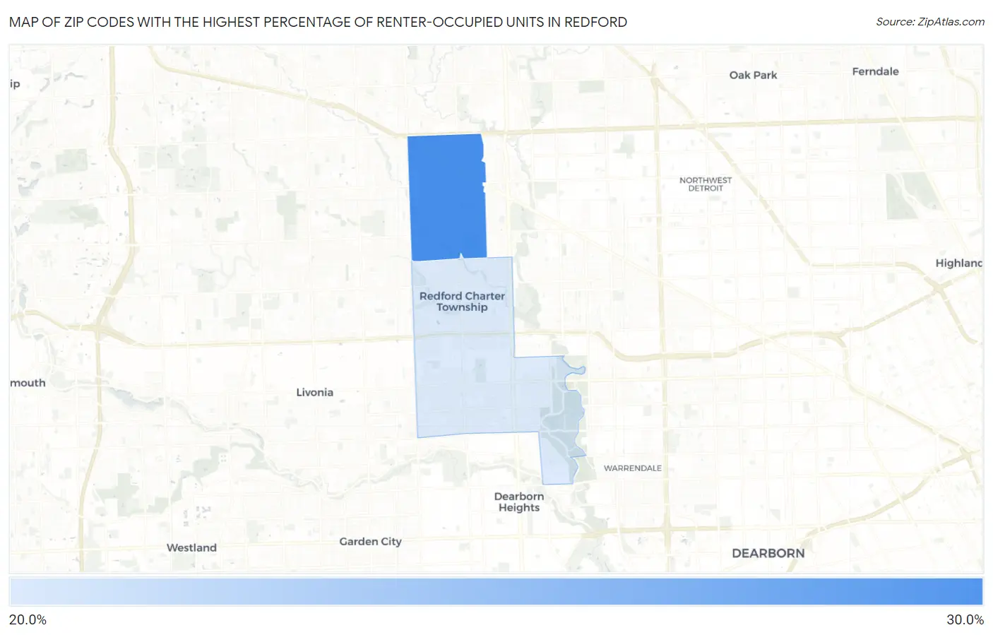 Zip Codes with the Highest Percentage of Renter-Occupied Units in Redford Map