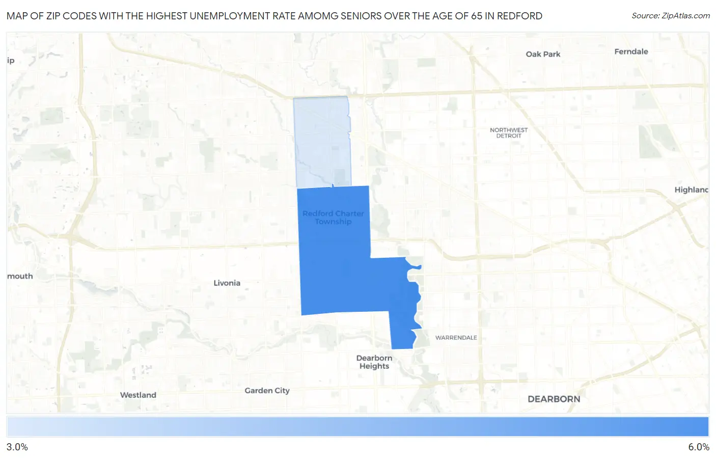 Zip Codes with the Highest Unemployment Rate Amomg Seniors Over the Age of 65 in Redford Map