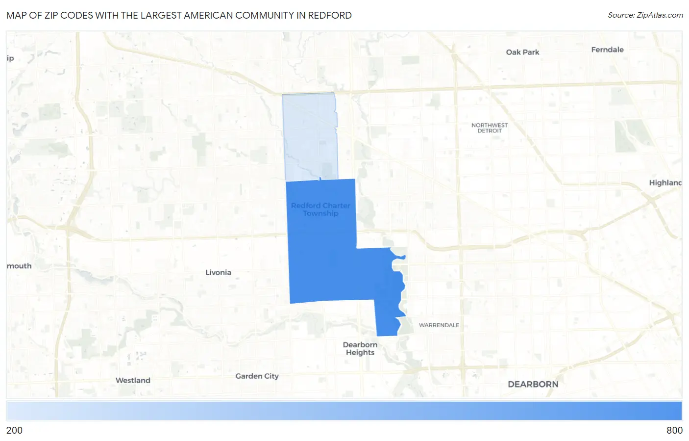 Zip Codes with the Largest American Community in Redford Map