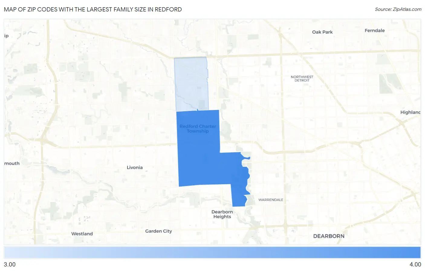 Zip Codes with the Largest Family Size in Redford Map