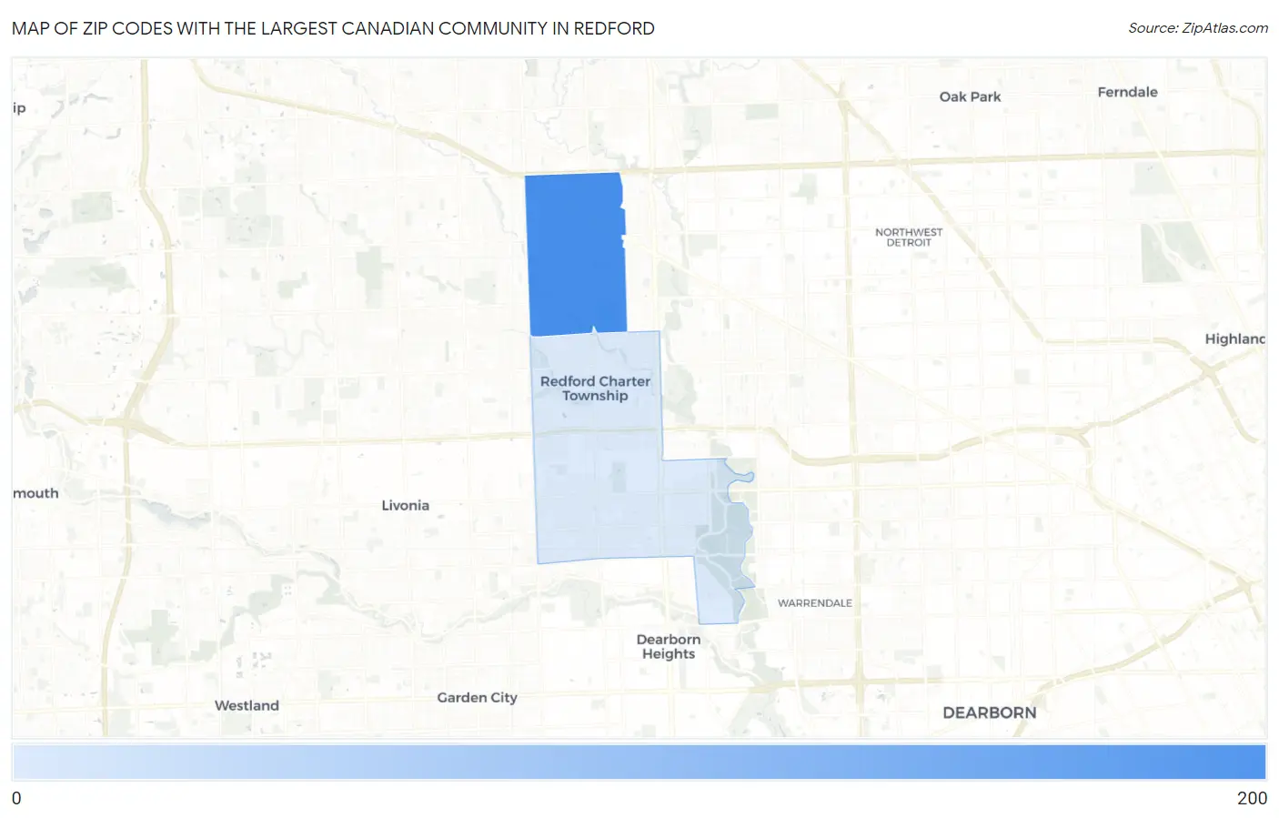 Zip Codes with the Largest Canadian Community in Redford Map