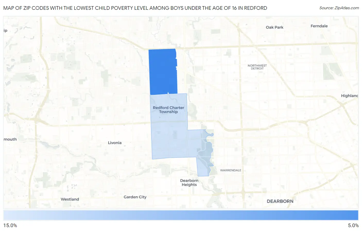 Zip Codes with the Lowest Child Poverty Level Among Boys Under the Age of 16 in Redford Map