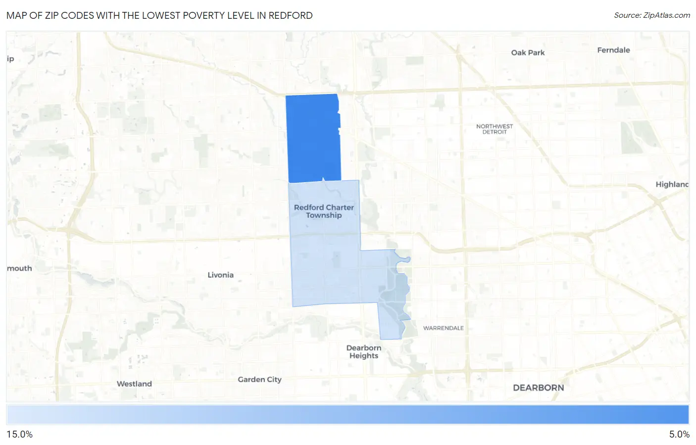 Zip Codes with the Lowest Poverty Level in Redford Map